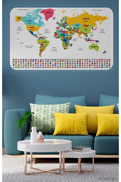 SONİKON LİNE Educational Capital Detailed World Map Wall Sticker with Turkish Country Flags, Decorative, 3834