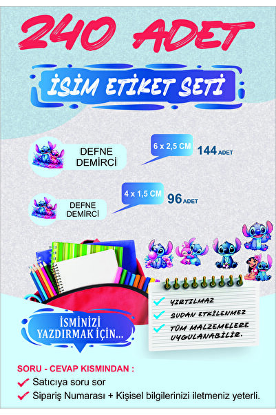 Baskı Madeni Okul Etiketi - lilo stitch Temalı Kalem Defter Etiketi - Özel İs...