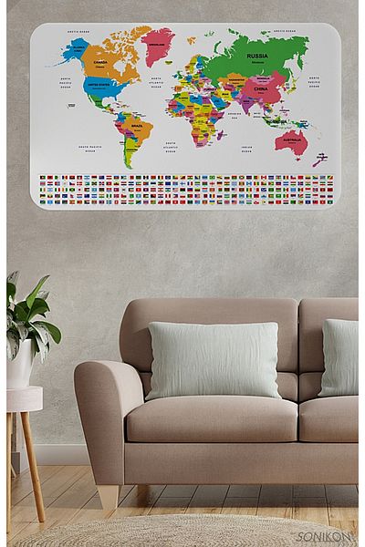 SONİKON LİNE Educational Capital Detailed World Map Wall Sticker with Country Flags, Decorative, 3833