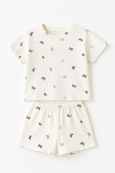 LUESS Girl's 100% Cotton Butterfly Patterned Shorts Set (Age 3-4, Age 8-9)