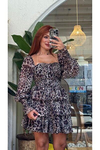 Teorjins collection Leopar Şifon Tasarım Katlı Elbise
