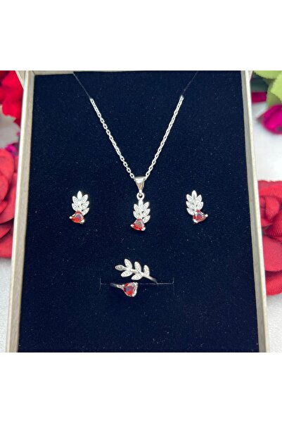 Victoria Kırmızı Kalp Taşlı Yaprak Model Kadın 3'lü Set 925 Ayar Gümüş Zirkon...