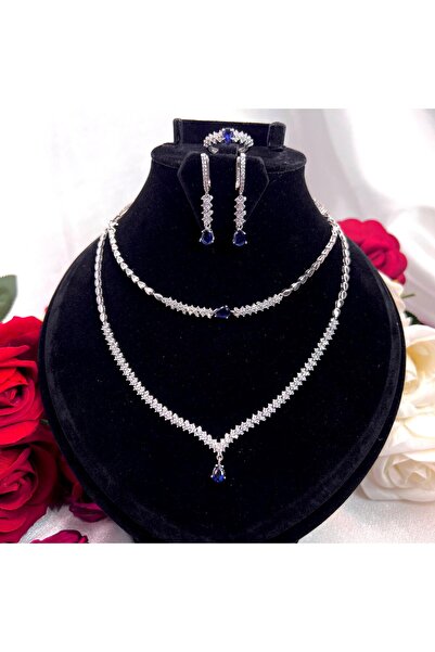 Victoria Safir Mavisi Damla Taşlı Gelin Nişan 4'lü Takı Seti 925 Ayar Gümüş