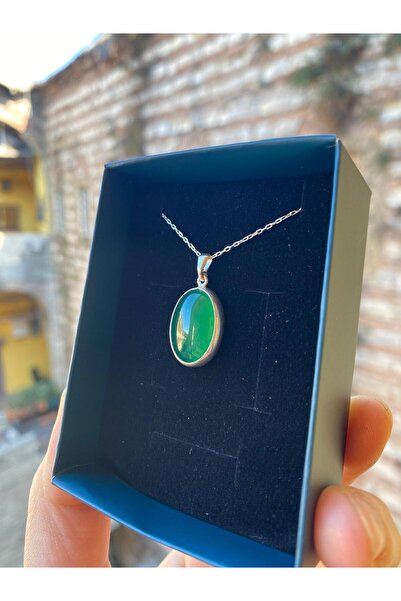 By Atölye Doğal Yeşil Akik Taşlı Gümüş Büyük Kolye