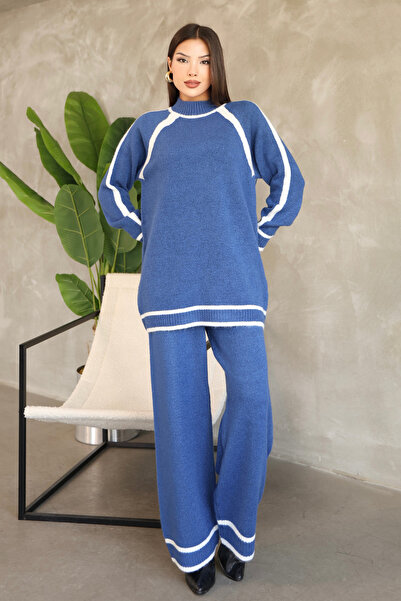 ALCHON Вертикальний круглий комір, довгі рукави, казкова коса, еластичний пояс, прямі штани, м'який трикотаж, комплект з двох предметів.