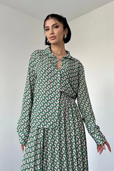 MODA Eleva Femme Patterned Viscose Shirt and Skirt Set - Green