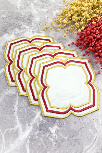 WEARE2 Burgundy Gold Colored Moonrise Embroidered 4-Piece Cocktail Napkin