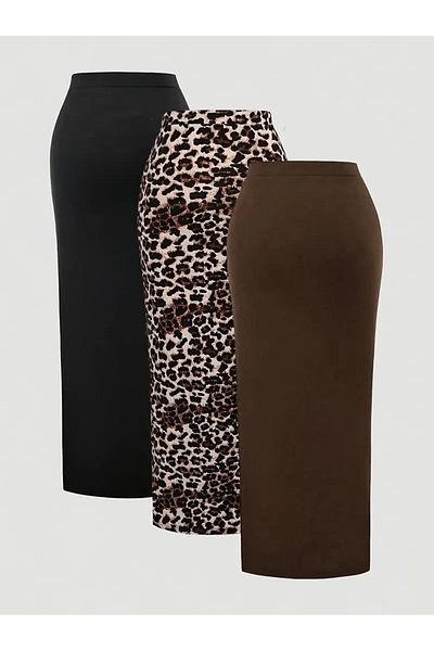 npLStore Women's High Waist Gathered Detailed 3-Piece Leopard Black Coffee Set Skirt