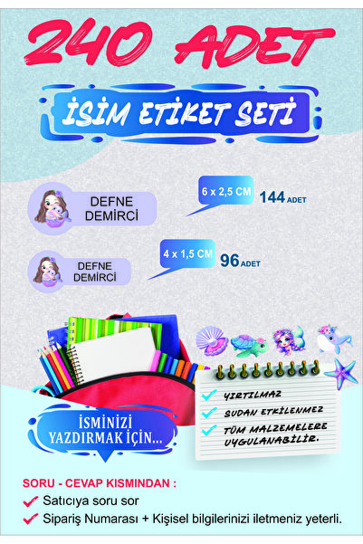 Baskı Madeni Okul Etiketi - DENİZ KIZI Temalı Kalem Defter Etiketi - Özel İsi...