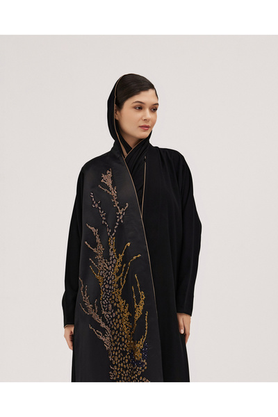 SOROSE SA Black ceramic wrap abaya, half-cloche, with front beading and crystals