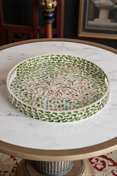 oceanpoint Mosaic Tray, Handmade Decorative & Serving Tray, Green Mosaic, 35 cm