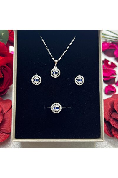 Victoria Yuvarlak Model Safir Mavisi Baget Taşlı Kadın 3'lü Set 925 Ayar Gümü...
