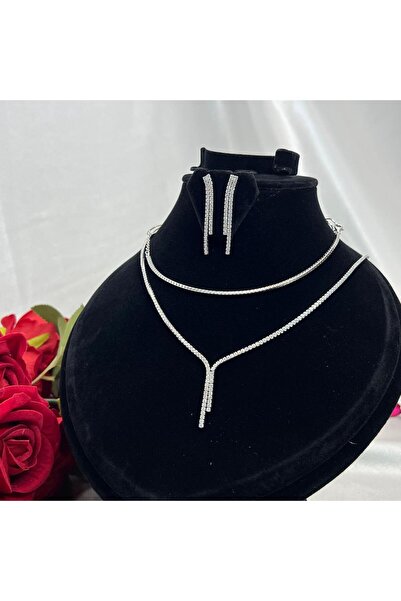 Victoria Sallantılı Çift Sıra Suyolu Gelin Nişan Kadın 2'li Takı Seti 925 Aya...