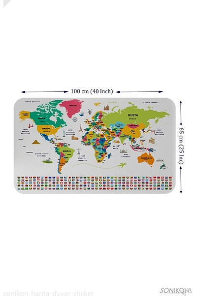SONİKON LİNE Educational Capital Detailed World Map Wall Sticker with Turkish Country Flags, Decorative, 3860