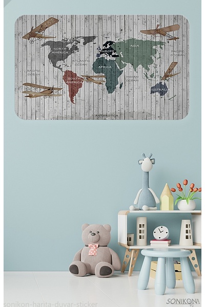 SONİKON LİNE Educational World Map World Atlas Kids Room Wall Sticker, Decorative, 3804