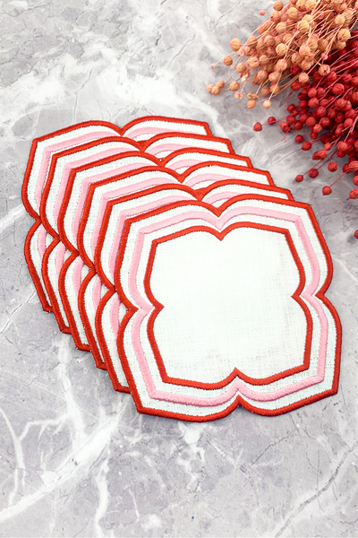 WEARE2 Red Pink Colored Moonrise Embroidered 6-Piece Cocktail Napkin