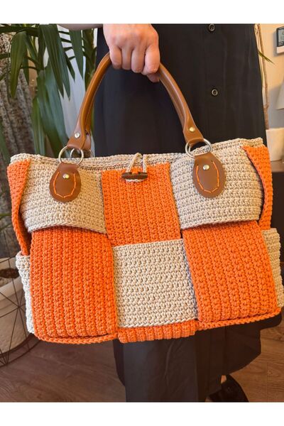 Dilek Yıldırım Hand Knitted Beige Orange Women's Bag Leather Strap Shoulder Bag