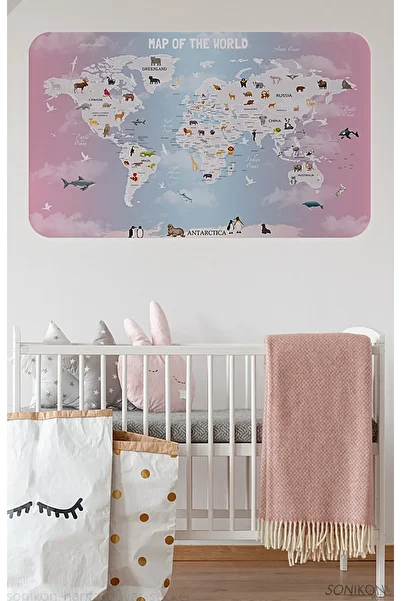 SONİKON LİNE Educational World Map World Atlas Kids Room Wall Sticker, Decorative, 3801