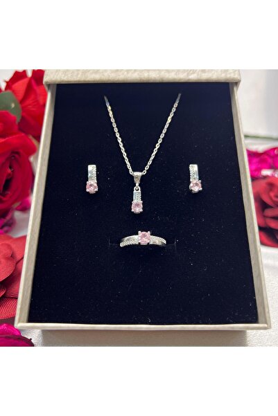 Victoria Pembe Tektaş Model Kadın 3'lü Set 925 Ayar Gümüş Zirkon Rodyumlu Taşlı