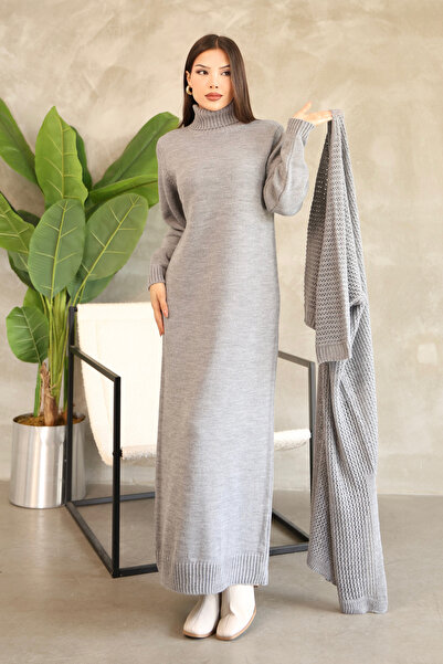 ALCHON Turtleneck Long Sleeve Ankle Length Solid Color Dress Hollowed Out Openwork Bat Sleeve Cardigan Knitwear Two-Piece Suit