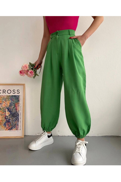 Zerenyus Green Wide Leg Elastic Shalwar Type Trousers