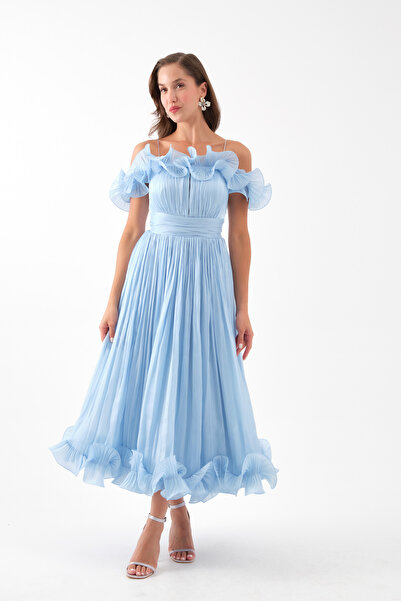 Lafaba Kadın Bebe Mavi Yaka Detay Midi Abiye Elbise