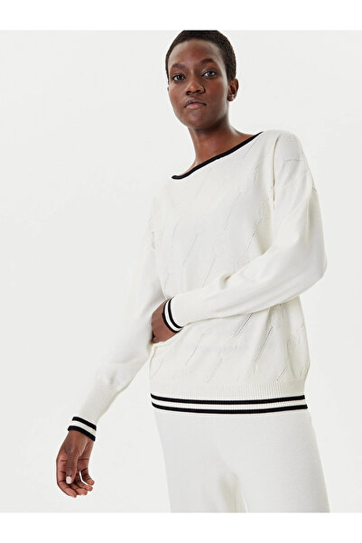 Liu Jo Kadın Geniş Kalıp Yapay Elmas Süslemeli Kayık Yaka Uzun Kollu Beyaz Kazak TF5206MS63L-03N76