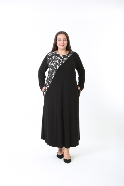 XL Modam Women's Lycra Viscose Black Patterned Plus Size Dress