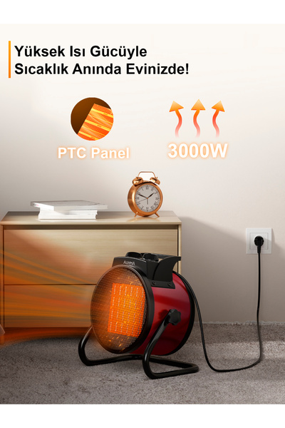 auhma AT1H Elektrikli Isıtıcı Fan Kırmızı | 3000W Hızlı Isınma, 3 Kademeli Ayar, Sessiz PTC Isıtma T