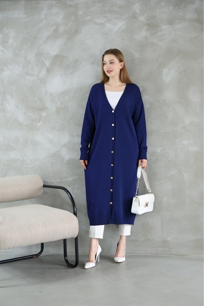 DAMGA Collection Women's Navy Blue Long Cardigan Buttoned Knitwear Cap