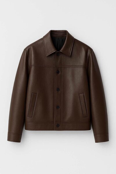 Valiberta Denzel Buttoned Side Pocket Leather Look Men's Jacket - Brown