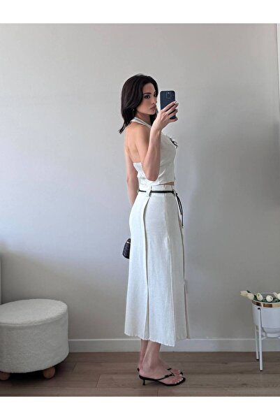 LOCH BUTİK Women's Leather Lacing Belt Buckle Double Skirt Suit