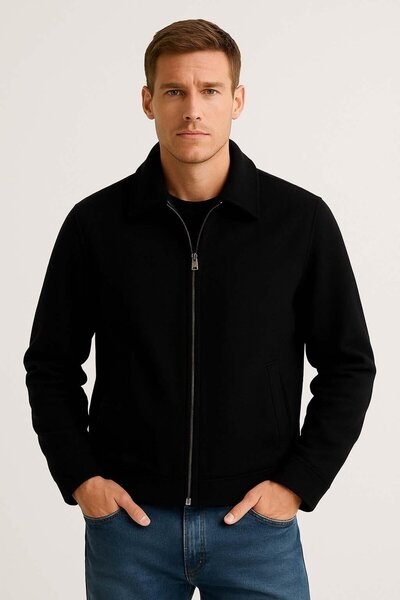 Valiberta Stamped Fabric Fillet Pocket Zippered Men's Jacket - Black