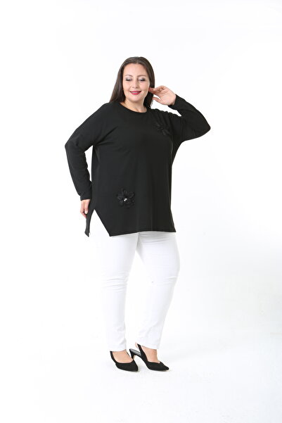 XL Modam Black Lycra Viscose Plus Size Tunic with Flower Detail