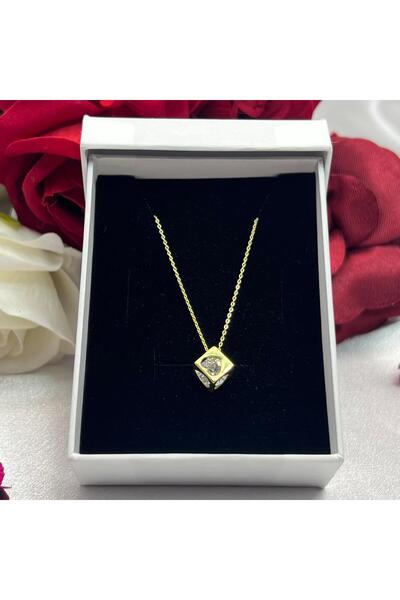 Victoria Zirkon Tektaşlı Küp Tasarım Kadın Kolyesi 925 Ayar Gümüş Zincirli Al...