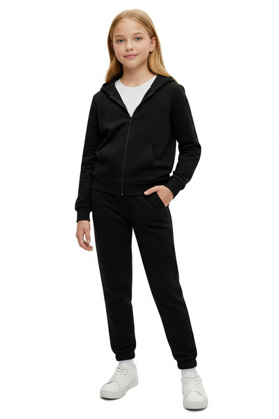 FYK KİDS Zipped Hooded Kangaroo Pocket Solid Printless Girl's Tracksuit Set