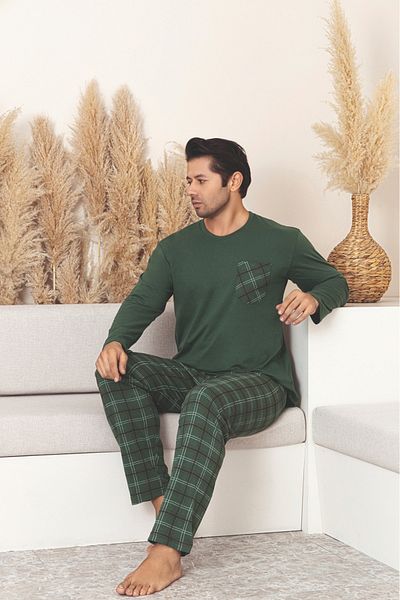 Sude HOMEWEAR Men's Plaid Pocket Long Sleeve Pajama Set