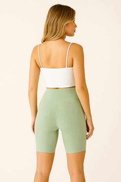 pantofashion Kadın Yüksek Bel fitilli Şort - Mint Yeşili Spor ve Günlük Kullanım