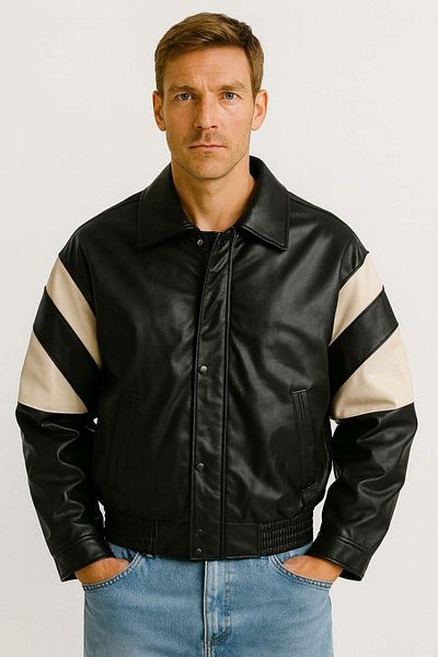 Valiberta Burton Men's Leather Look Jacket with Garnished Sleeves and Zipper - Ecru Black