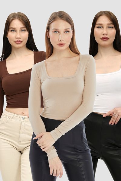 LAENT Women's White Cream Brown Square Collar 3-Piece Crop Body