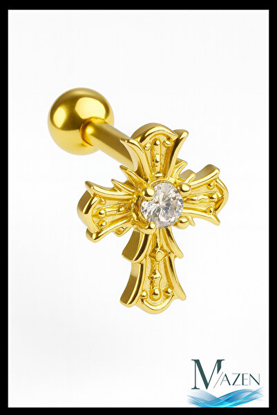 MAZEN Haç Tragus Helix Piercing | Zirkon Taşlı Kulak Kıkırdak Piercing | Kadı...