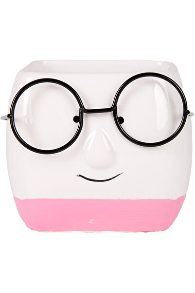 Herdekora Seramik Saksı Gözlüklü Beyaz-Pembe 7x7 Cm.