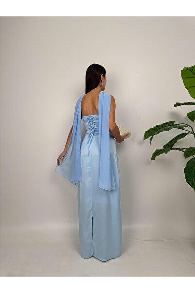 maf collection Γυναικείο Baby Blue Satin Sraplez Κορδέλα Σάλι Λεπτομέρεια Βραδινό Φόρεμα Αποφοίτησης