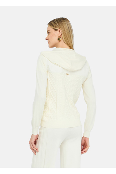 Liu Jo Women's Patterned Hooded Zippered Pocket Detailed Long Sleeve Knitted Ecru Cardigan Tf5037Ms75L-10103