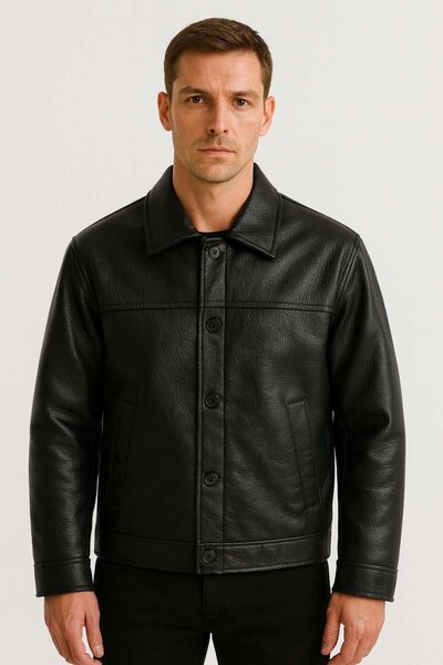 Valiberta Denzel Buttoned Side Pocket Leather Look Men's Jacket - Black