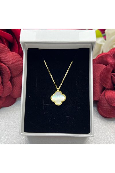 Victoria Yonca Beyaz Taşlı Kadın Kolyesi 925 Ayar Gümüş Altın kaplama 12 mm