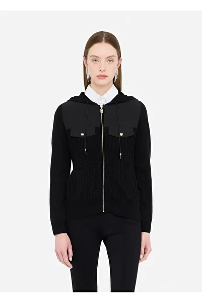 Liu Jo Women's Patterned Hooded Zipper Pocket Detail Long Sleeve Knitted Black Cardigan Tf5037Ms75L-22222