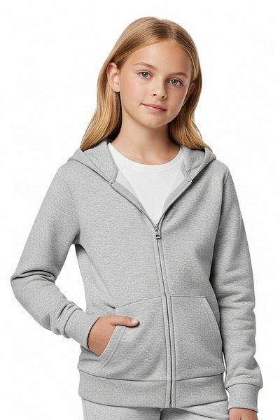 FYK KİDS Zipped Hooded Kangaroo Pocket Solid Printless Girl's Tracksuit Set