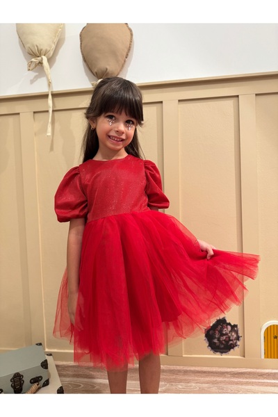 penu baby kids Red Short Balloon Fabric Sleeve Detailed Tutu Baby Girl Dress