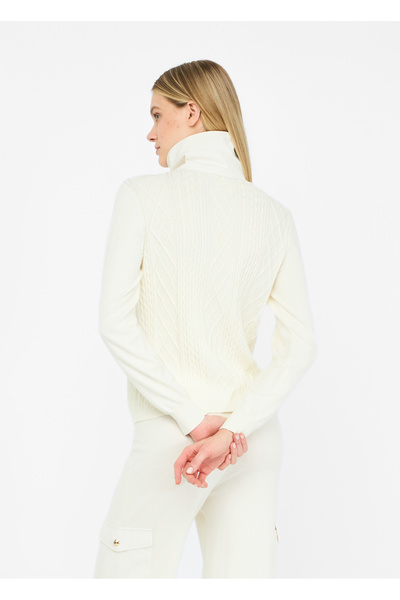 Liu Jo Women's Regular Fit Patterned High Neck Knitted Ecru Sweater Tf5039Ms75L-10103
